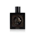 Rayhaan Wolf perfume bottle, 100ML, matte black glass with embossed bronze wolf emblem, by Silk and Sillage.
