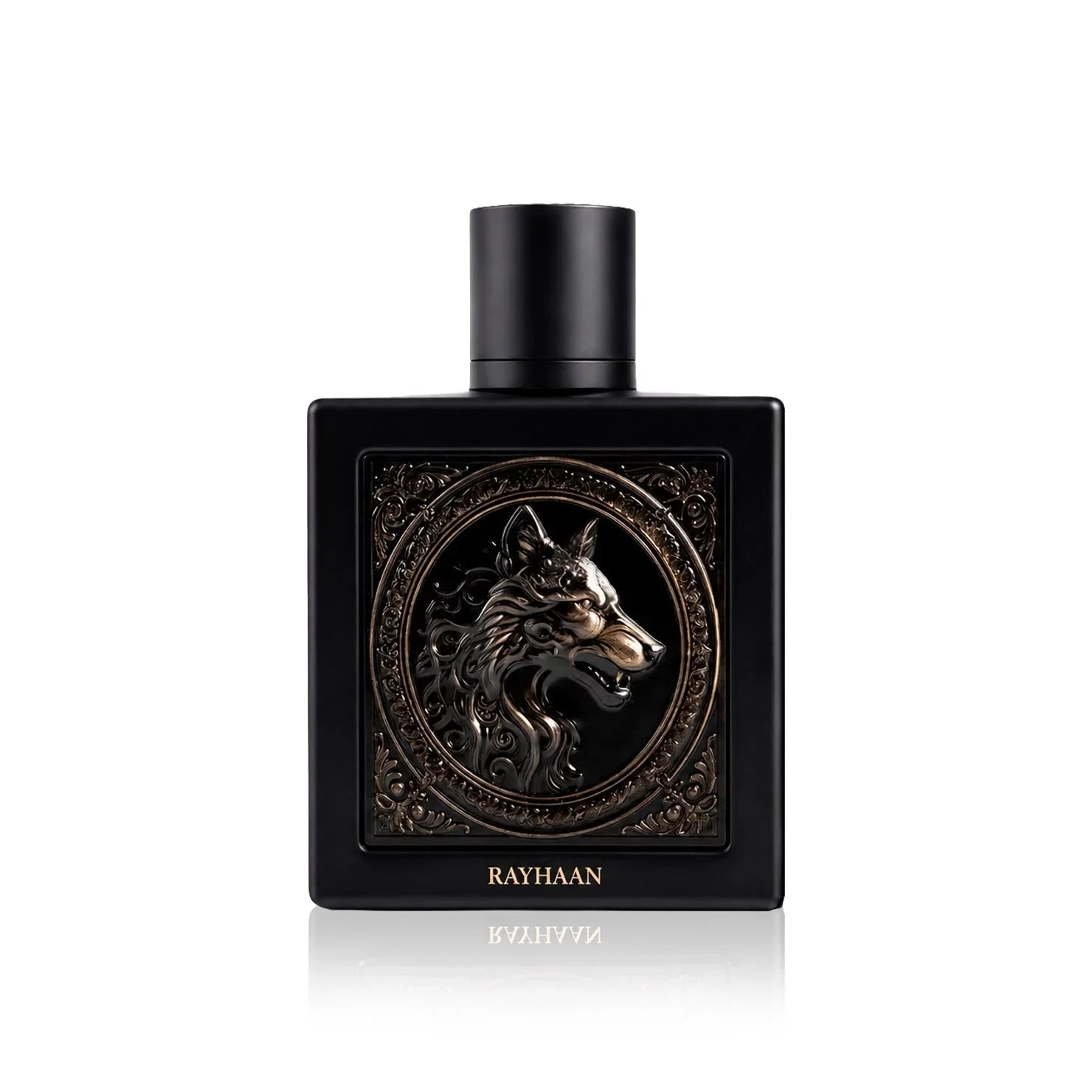 Rayhaan Wolf perfume bottle, 100ML, matte black glass with embossed bronze wolf emblem, by Silk and Sillage.