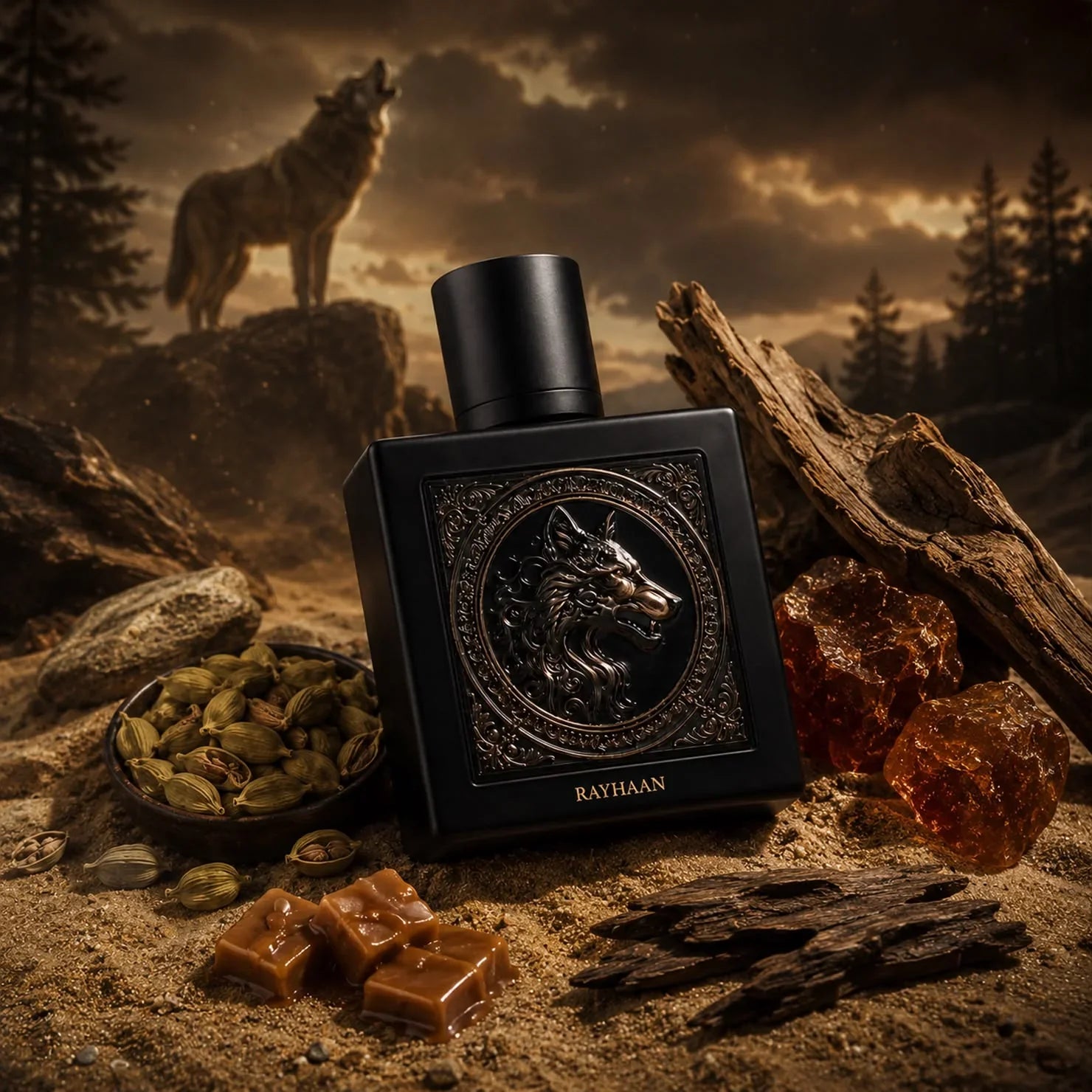Rayhaan Wolf perfume bottle, 100ML, styled against a moonlit wolf backdrop, by Silk and Sillage.