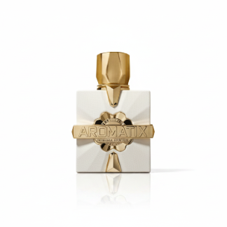 Luxury minimalist perfume bottle of Aromatix Platine Blanc 100ml Eau De Parfum, showcasing its clean metallic-accented design and heavy premium cap, displayed next to its official high-end presentation box.