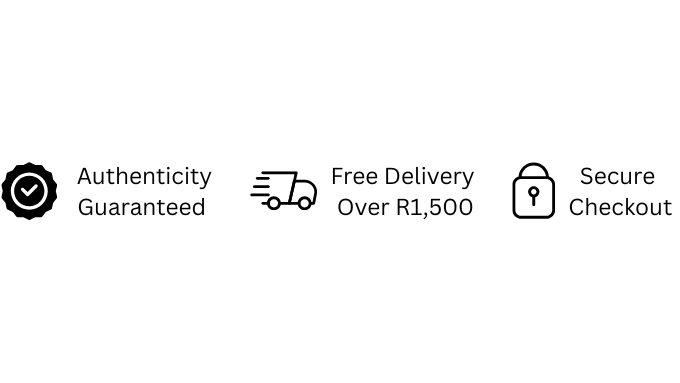A horizontal row of black and white icons and text on a white background, including 'Authenticity Guaranteed', 'Free Delivery Over R1,500', 'Secure Checkout', and 'secured by peach OZOW YOCO'.