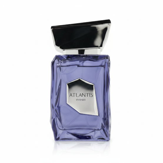 Luxury minimalist perfume bottle of French Avenue Atlantis 100ml Eau De Parfum, showcasing its clean glass design and premium heavy cap, displayed next to its official high-end presentation box.