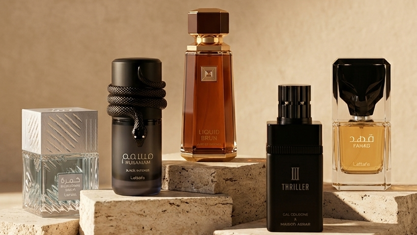 Four perfume bottles displayed on stacked stone blocks against a warm beige textured background. The set includes a clear bottle with a silver geometric cap, a black bottle with a dark textured neck, an amber glass bottle with a gold cap, and a black bottle with a gold-toned liquid and a black cap.