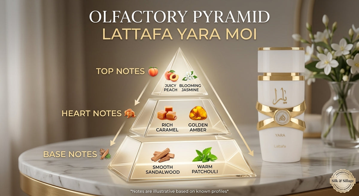 A decorative infographic labeled 'OLFACTORY PYRAMID LATTafa YARA MOI' shows a tiered pyramid with top, heart, and base notes, alongside a white cylindrical diffuser bottle with gold detailing on a marble surface.
