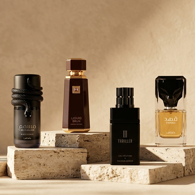 Five men's fragrance bottles arranged on stacked stone blocks against a warm beige textured backdrop. The products include a clear faceted bottle, a black bottle with a rope detail, a dark amber bottle with gold trim, a black bottle with a ribbed neck, and a black-and-gold bottle with amber liquid.