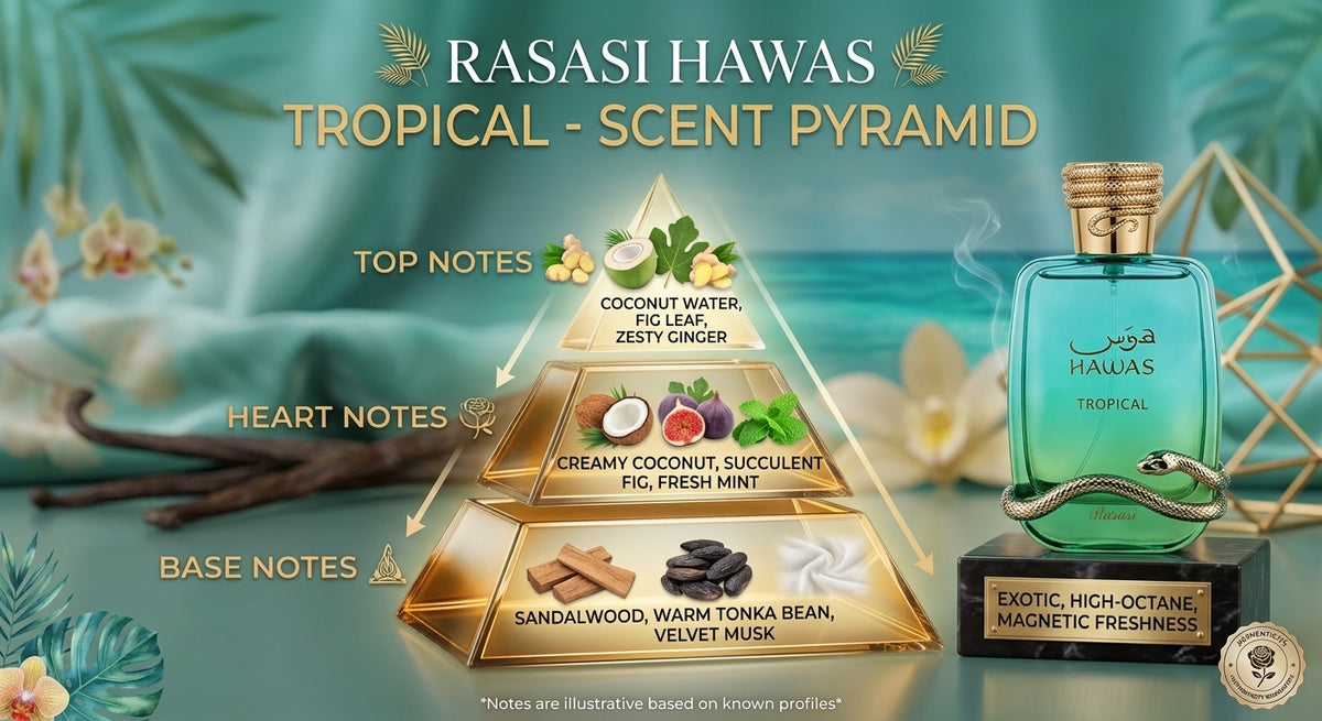 Rasasi Hawas Tropical 100ml olfactory pyramid graphic with top, heart and base notes