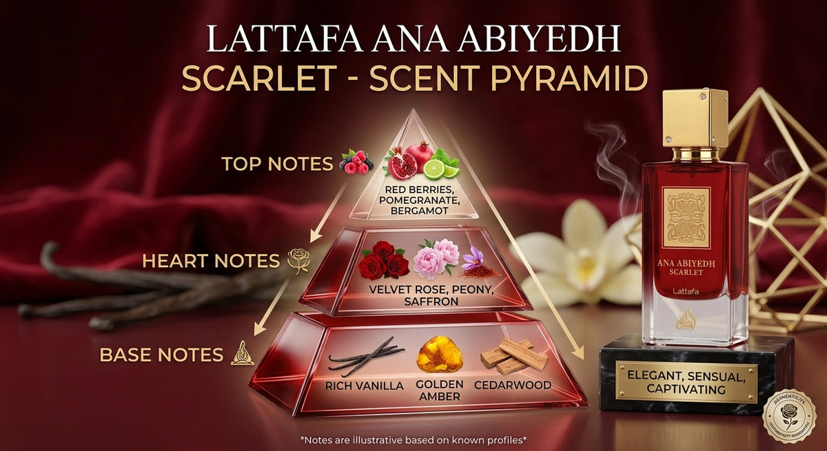 Lattafa Ana Abiyedh Scarlet 60ml olfactory pyramid graphic with top, heart and base notes
