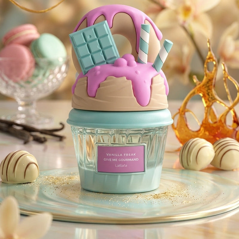 Silk and Sillage Lattafa Vanilla Freak 75ml perfume bottle, cupcake-inspired bottle design with pastel accents