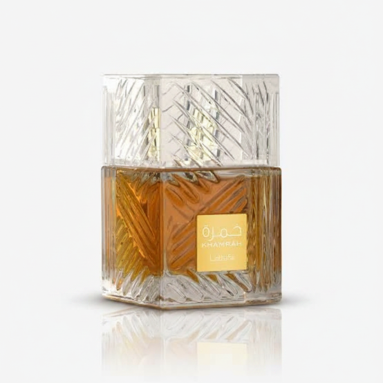 Silk and Sillage Lattafa Khamrah 100ml perfume bottle with a sleek, elegant design and gold accents.