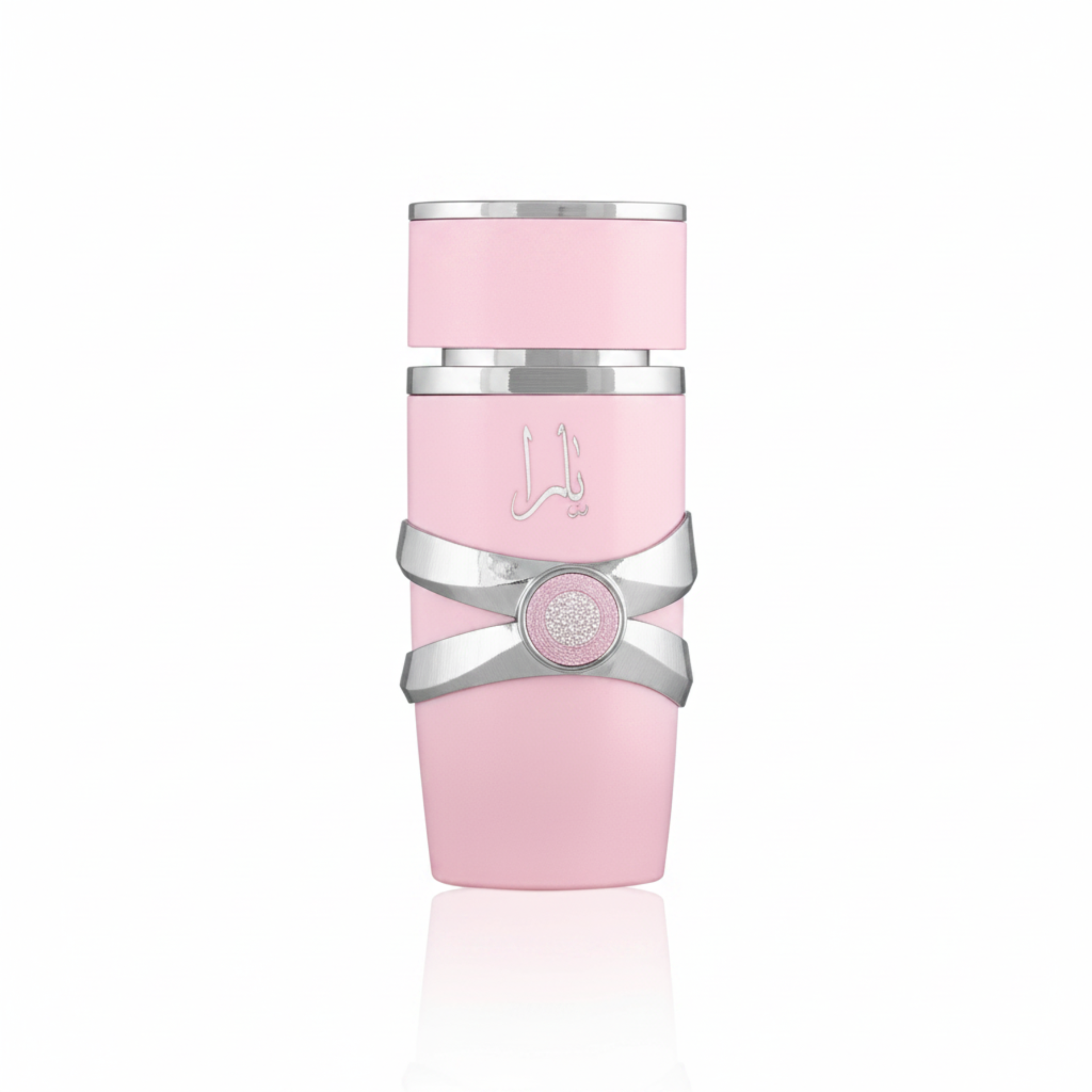 Silk and Sillage Lattafa Yara Pink perfume bottle with pink floral design, 100ML, shown in an elegant display.