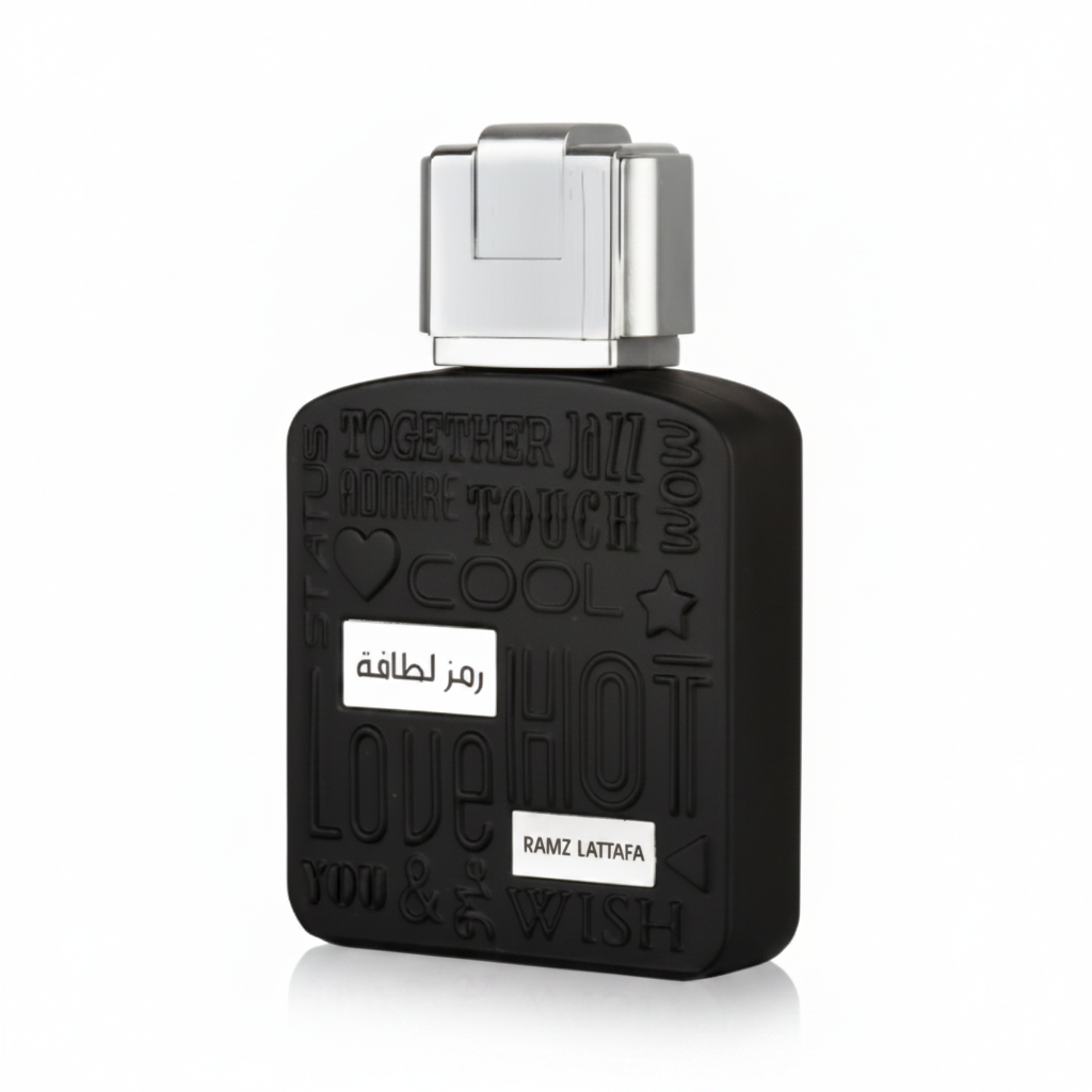 Lattafa Ramz Silver perfume bottle in 100ML size, featuring a sleek design by Silk and Sillage.