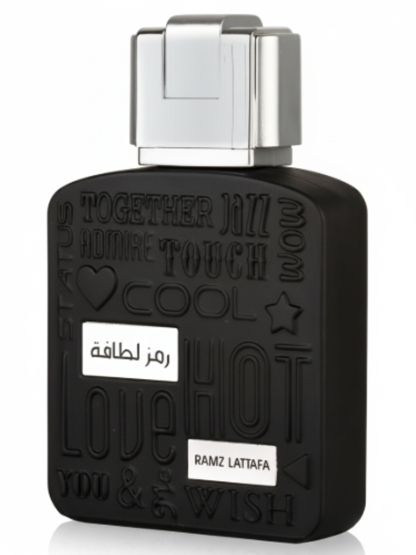 Lattafa Ramz Silver perfume bottle in 100ML size, featuring a sleek design by Silk and Sillage.