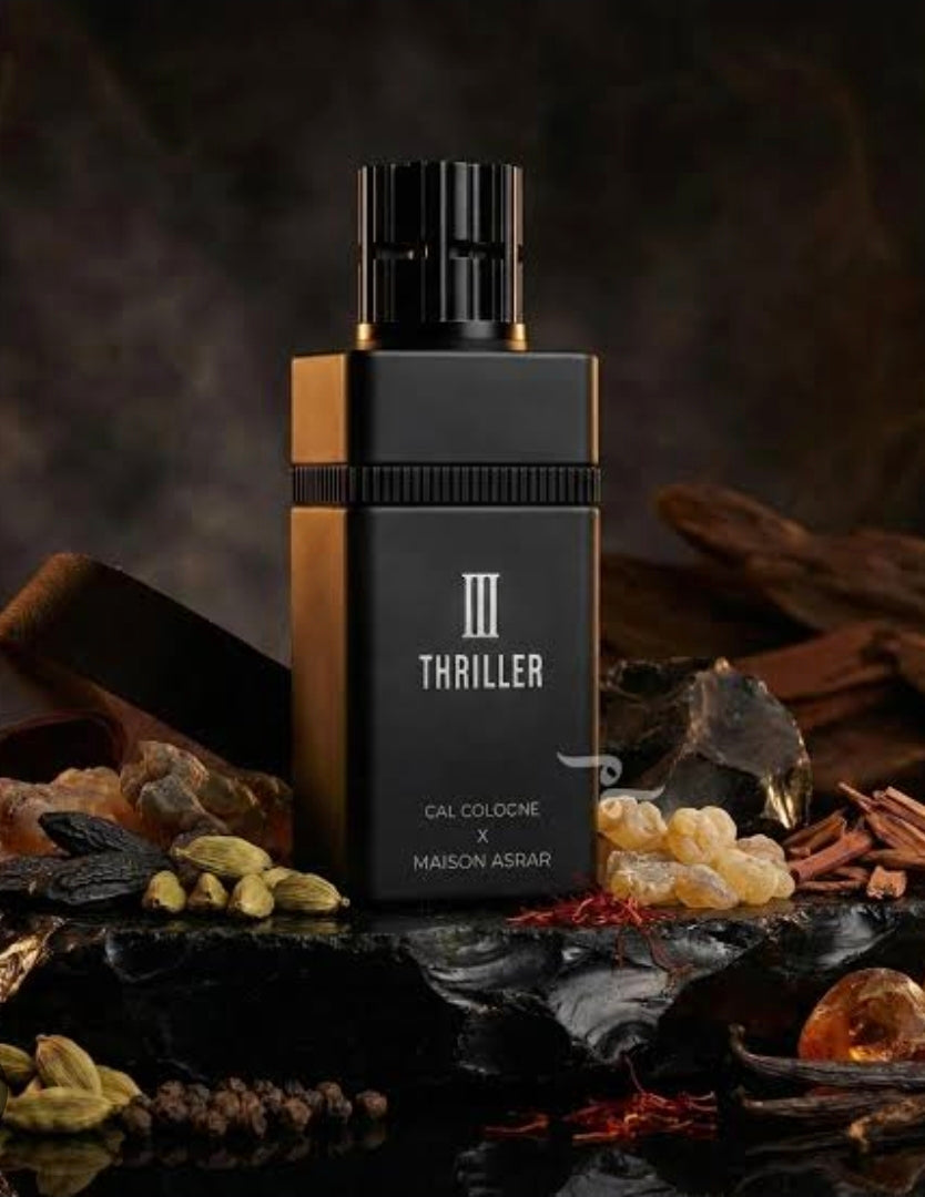 Silk and Sillage Maison Asrar Thriller III perfume bottle, 100ml, alternate angle showing packaging detail.