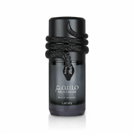 Luxury black perfume bottle of Lattafa Musamam Black Intense 100ml Eau De Parfum, featuring a striking gold and black snake wrapped around the bottle, displayed in its premium textured presentation box.