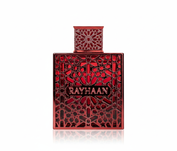 Silk and Sillage Rayhaan Crimson 100ml eau de parfum bottle with bold red and gold presentation box.