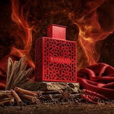 Rayhaan Crimson 100ml eau de parfum, alternate bottle angle showing the bold red and gold presentation.