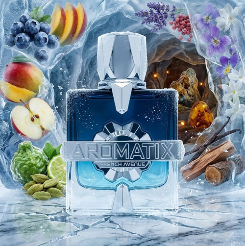 Silk and Sillage French Avenue X Aromatix Frostbite 100ml extrait de parfum, alternate angle showing bottle and packaging.