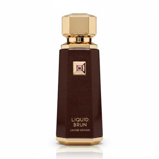 French Avenue Liquid Brun Limited Edition 150ml Extrait de Parfum bottle in dark brown and gold, front view on a plain white background.