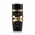 Silk and Sillage Lattafa Asad 100ml perfume bottle, black glass with intricate metallic gold bands.
