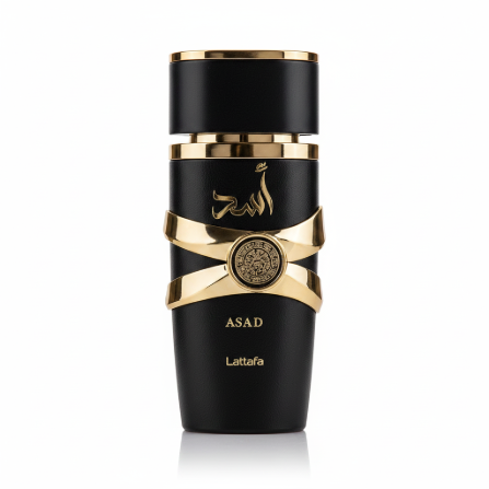 Silk and Sillage Lattafa Asad 100ml perfume bottle, black glass with intricate metallic gold bands.