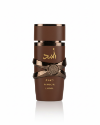 Silk and Sillage Lattafa Asad Bourbon 100ml perfume bottle, matte chocolate-brown glass with bronze metallic bands.