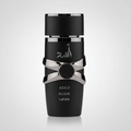 Silk and Sillage Lattafa Asad Elixir 100ml perfume bottle, obsidian glass with gold and royal blue detailing.
