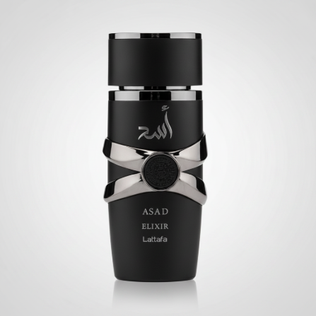 Silk and Sillage Lattafa Asad Elixir 100ml perfume bottle, obsidian glass with gold and royal blue detailing.