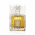 Silk and Sillage Lattafa Khamrah Qahwa 100ml perfume bottle, crystal-cut glass with warm amber liquid and textured cap.