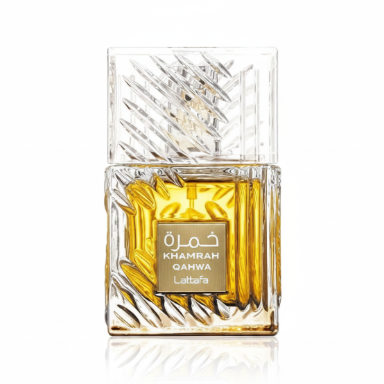 Silk and Sillage Lattafa Khamrah Qahwa 100ml perfume bottle, crystal-cut glass with warm amber liquid and textured cap.