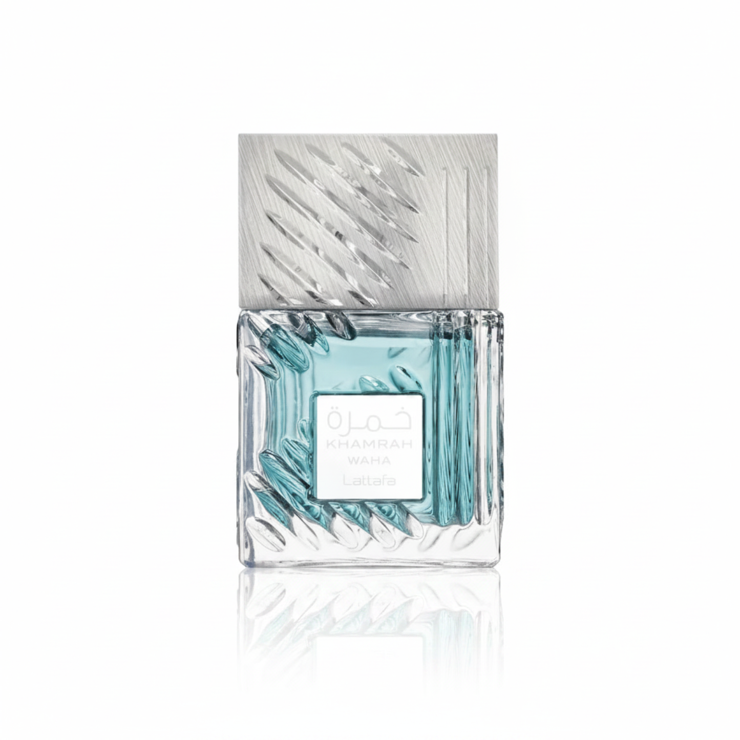 Silk and Sillage Lattafa Khamrah Waha 100ml perfume bottle, crystal-cut glass with green and gold accents.