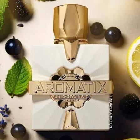 French Avenue x Aromatix Platine Blanc 100ml eau de parfum, alternate angle showing the metallic-accented bottle and presentation box.