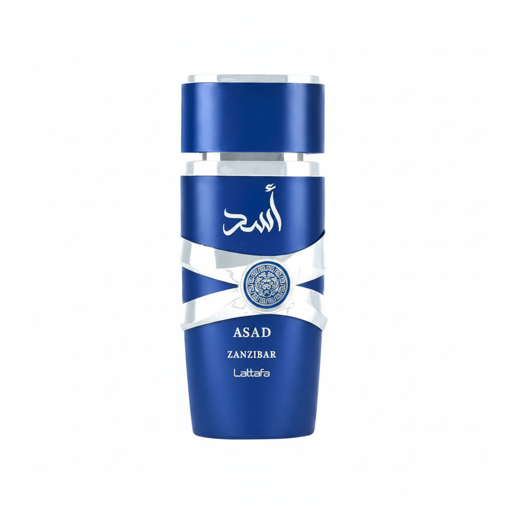 Silk and Sillage Lattafa Asad Zanzibar 100ml perfume bottle, deep blue glass with silver metallic bands.