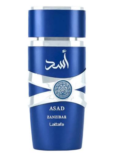 Silk and Sillage Lattafa Asad Zanzibar 100ml perfume bottle, deep blue glass with silver metallic bands.