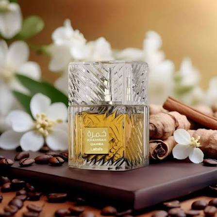 Silk and Sillage Lattafa Khamrah Qahwa 100ml perfume bottle, alternate angle showing amber glass and cap detail.