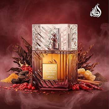 Silk and Sillage Lattafa Khamrah Dukhan 100ml perfume bottle, alternate angle showing dark bottle design.