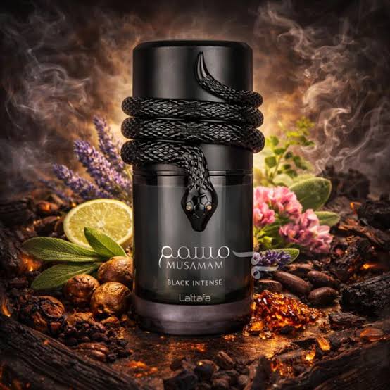 Lattafa Musamam 100ml eau de parfum, alternate angle showing the serpent-embellished bottle design.
