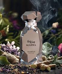 Arabiyat Prestige Marwa 100ml eau de parfum, alternate angle showing the geometric bottle and metallic presentation box.
