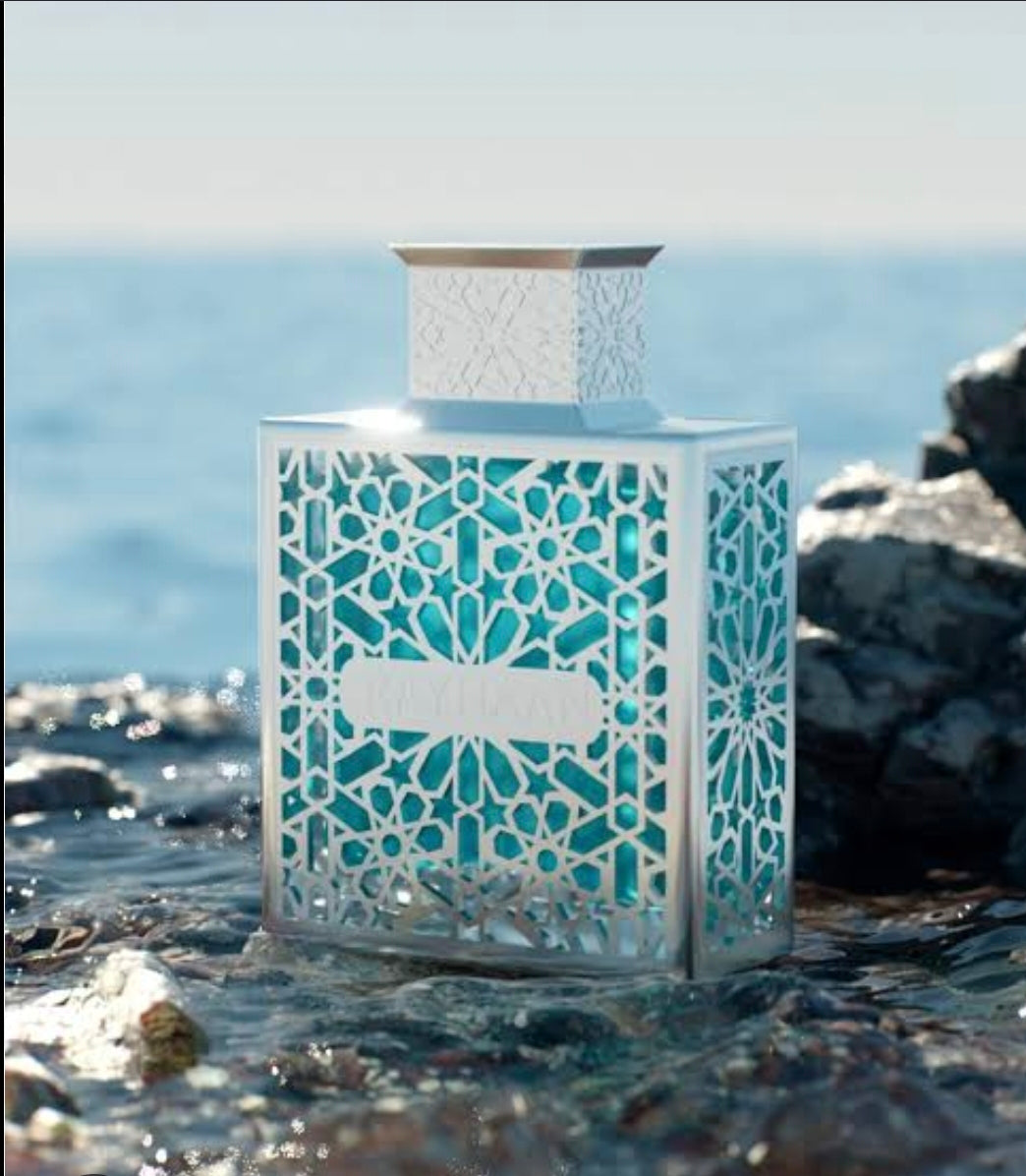 Rayhaan Aquatica 100ml eau de parfum, alternate angle showing the bottle and box together.