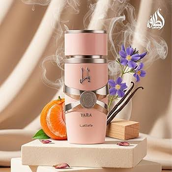 Silk and Sillage Lattafa Yara Pink perfume bottle, 100ml, with pink and gold accents, elegant fragrance packaging.